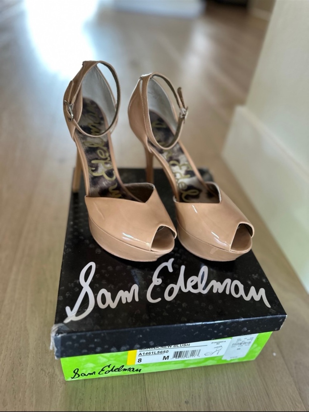 Sam Edelman Blush Patent Leather Peep-Toe Platform Heels - Picture 3 of 12